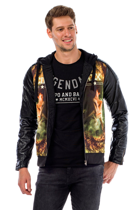 C44610 Leather Sleeve Hooded Men's Jacket