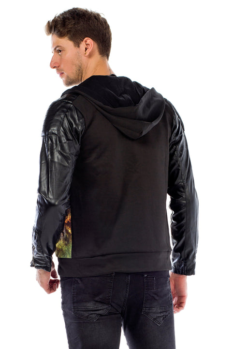C44610 Leather Sleeve Hooded Men's Jacket