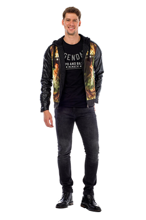 C44610 Leather Sleeve Hooded Men's Jacket