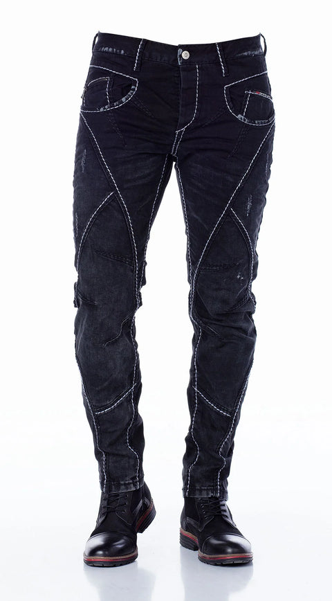 CD288 Pieced Stitched Biker Style Jeans Trousers