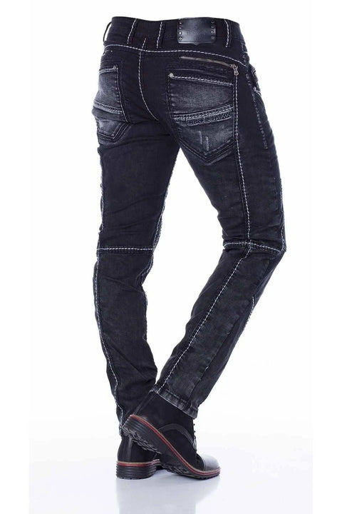 CD288 Pieced Stitched Biker Style Jeans Trousers