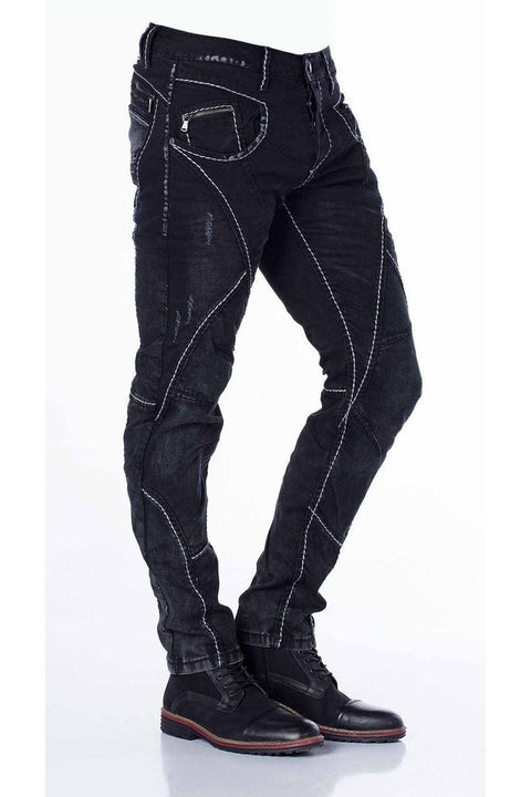 CD288 Pieced Stitched Biker Style Jeans Trousers
