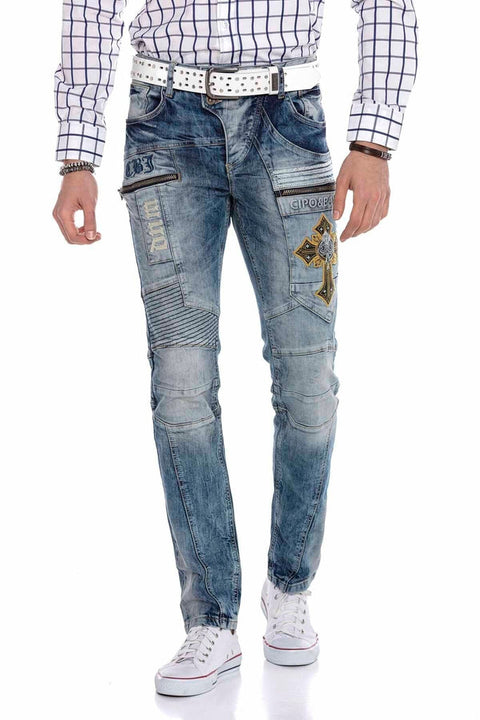 CD293 Stitching Detailed Embroidered Men's Jean Trousers