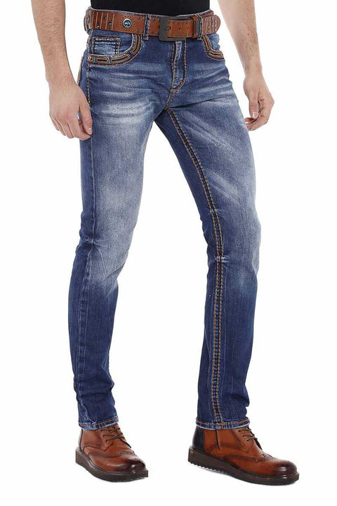 CD483 Washed Men's Jeans with Embroidered Pockets