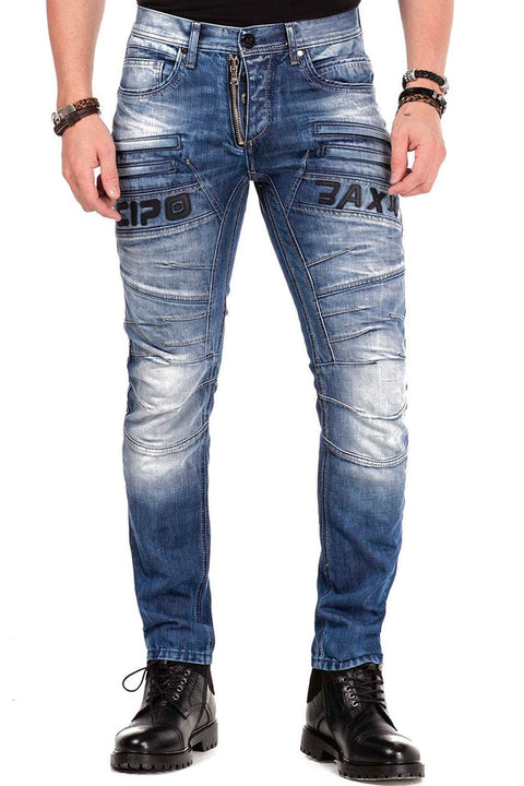 CD491 Stitched Embroidered Zipper Detailed Men's Jean Trousers