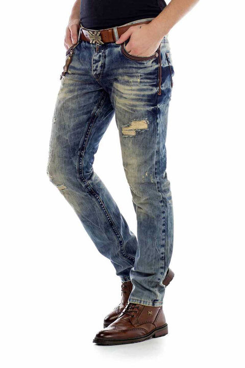 CD493 Pocket Embroidered Chain Ripped Men's Jean Trousers