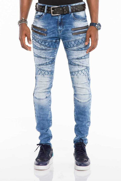 CD505 Patterned Stitched Skinny Fit Blue Men's Jean Trousers