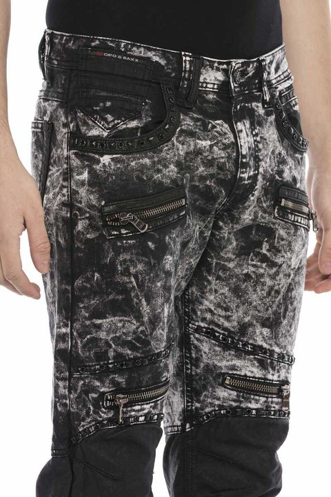 CD568 Batik Washed Leather Detailed Men's Jean Trousers