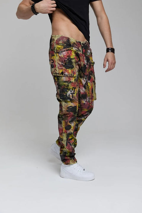 CD587 Men's Colorful Painting Cargo Pocket Jeans