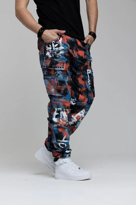CD587 Men's Colorful Painting Cargo Pocket Jeans