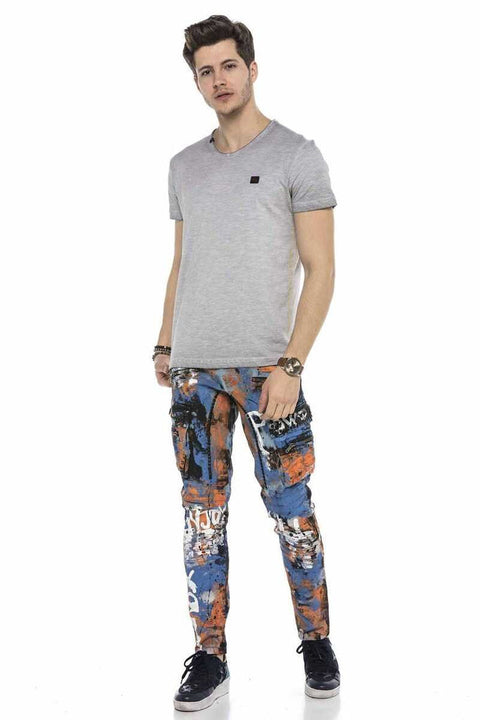 CD587 Men's Colorful Painting Cargo Pocket Jeans