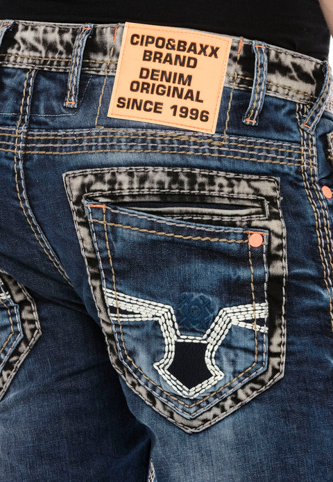 CD593 Thick Stitched Jeans with Neon Label