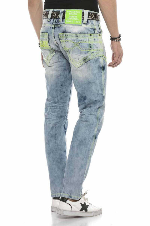 CD596 Neon Pocket Embroidered Ice Blue Jean Trousers