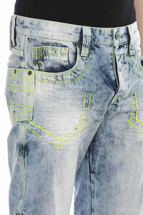 CD596 Neon Pocket Embroidered Ice Blue Jean Trousers