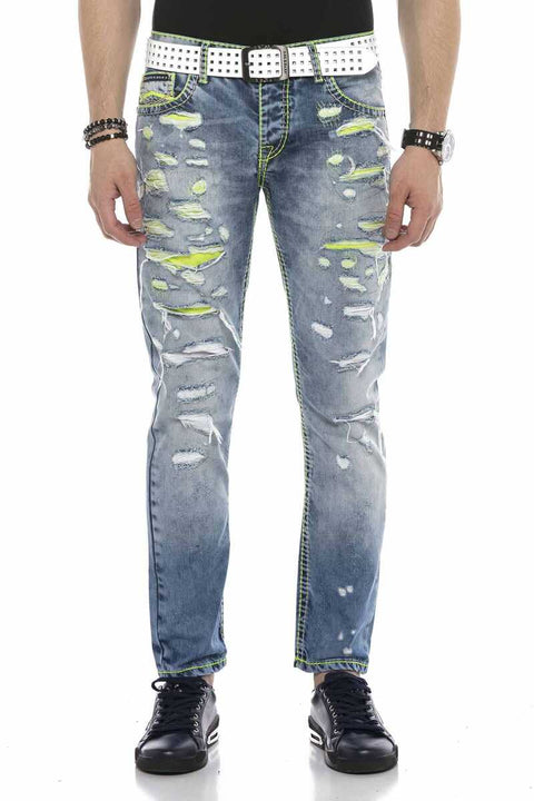 CD605 Neon Green Ripped Ice Blue Men's Jean Trousers