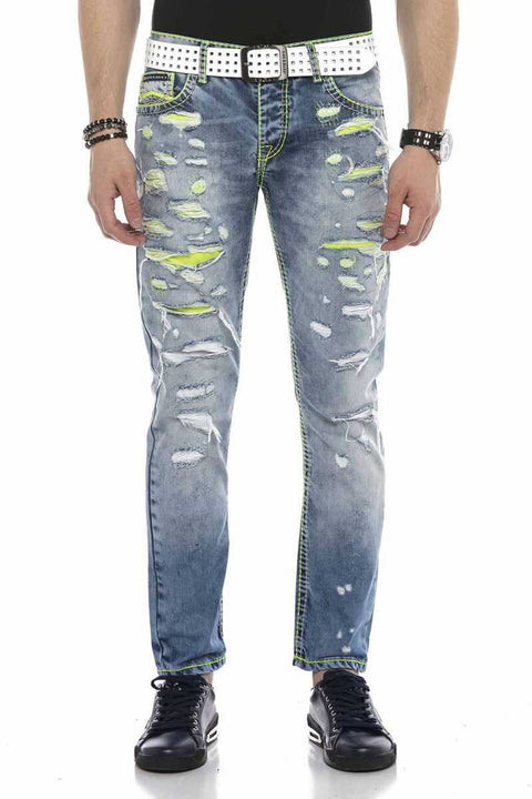 CD605 Neon Green Ripped Ice Blue Men's Jean Trousers
