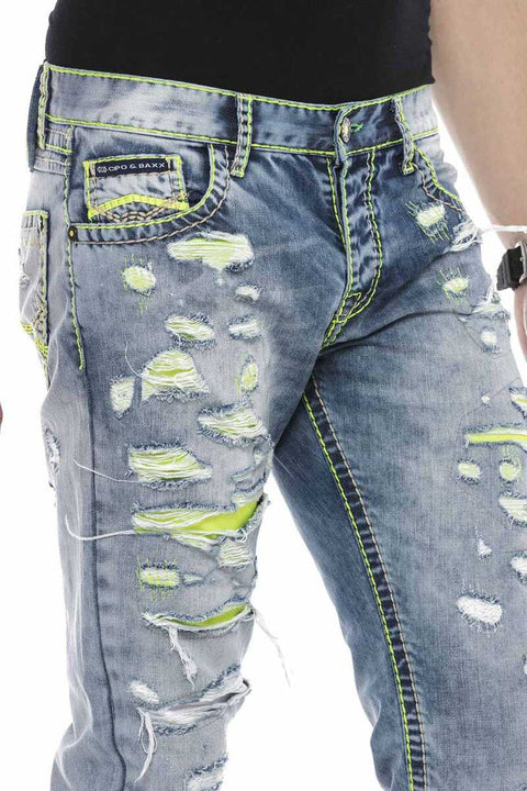 CD605 Neon Green Ripped Ice Blue Men's Jean Trousers