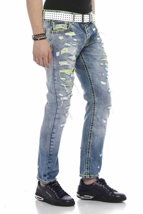 CD605 Neon Green Ripped Ice Blue Men's Jean Trousers