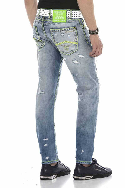 CD605 Neon Green Ripped Ice Blue Men's Jean Trousers