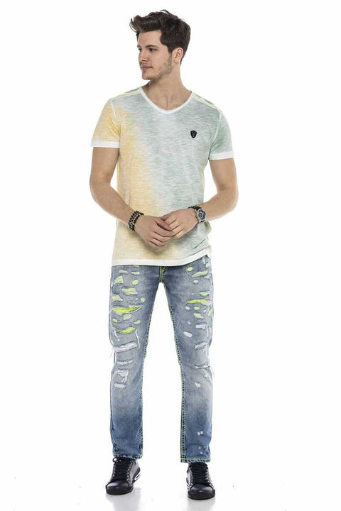 CD605 Neon Green Ripped Ice Blue Men's Jean Trousers