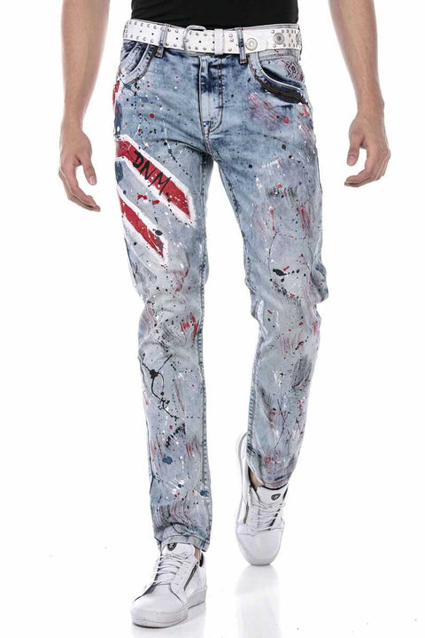CD684 Skull Hand Painted Ice Blue Men's Jean Trousers