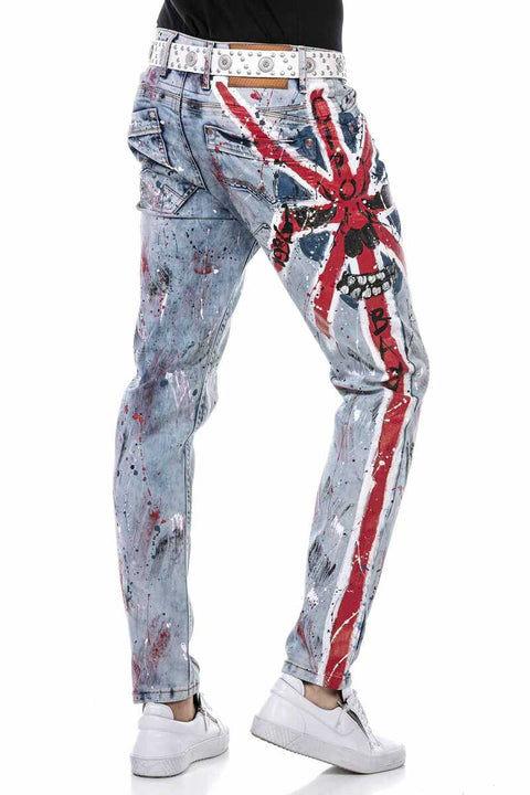 CD684 Skull Hand Painted Ice Blue Men's Jean Trousers
