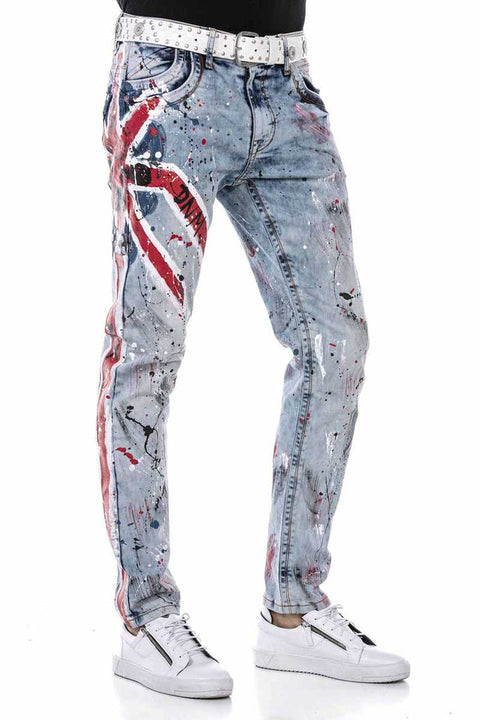 CD684 Skull Hand Painted Ice Blue Men's Jean Trousers
