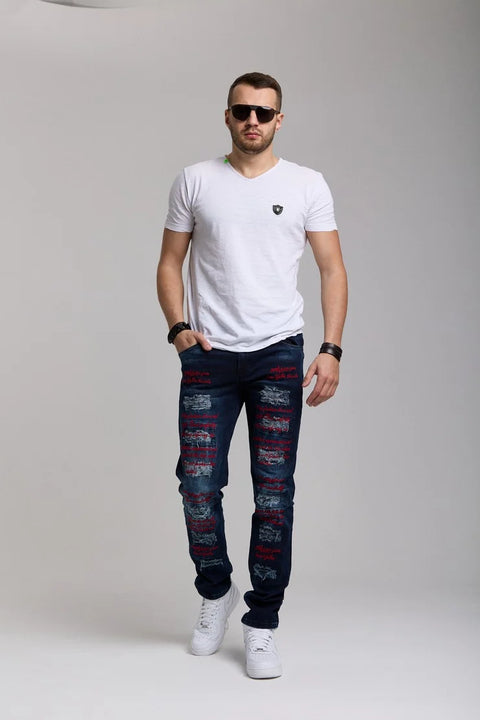 CD694 Yırtık Detaylara Sahip Yazı İşlemeli Erkek Jean Pantolon
