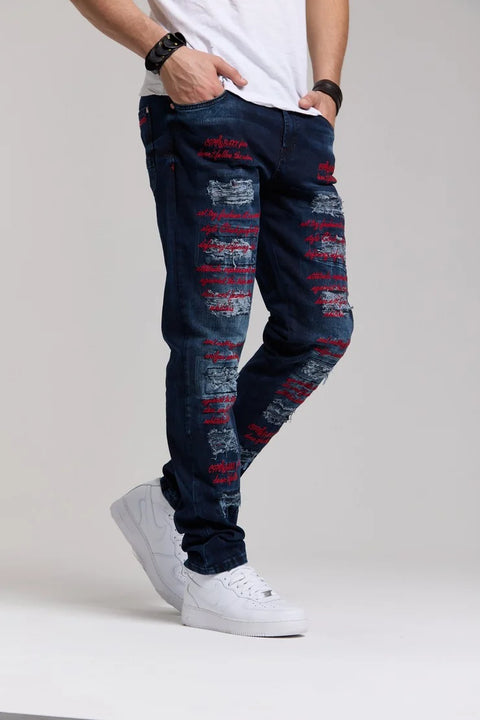 CD694 Yırtık Detaylara Sahip Yazı İşlemeli Erkek Jean Pantolon