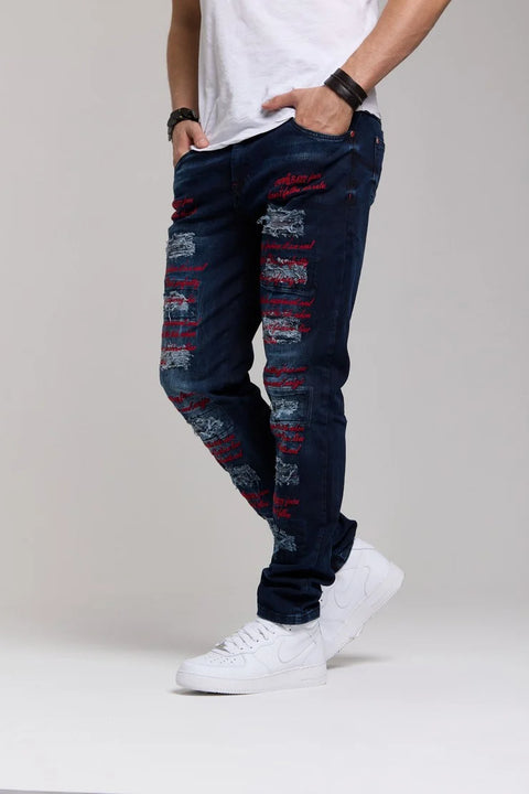 CD694 Yırtık Detaylara Sahip Yazı İşlemeli Erkek Jean Pantolon