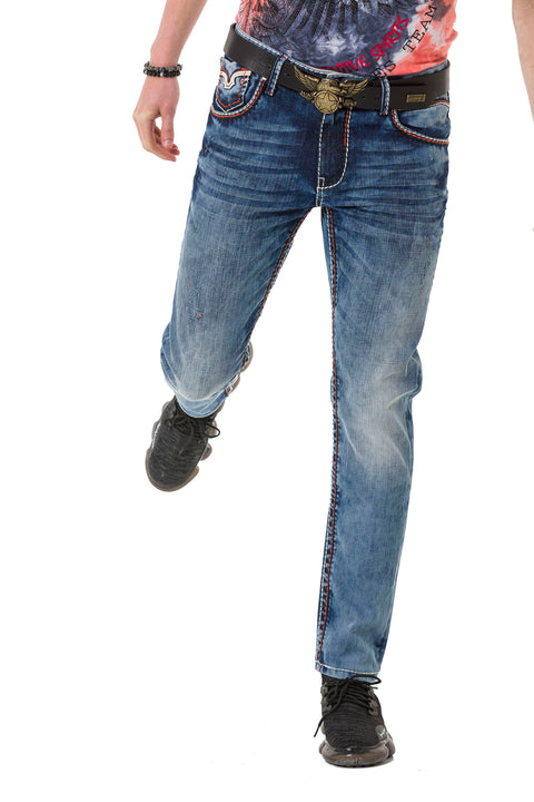 CD729 Basic Men's Jean Trousers with Pocket Embroidery Detail
