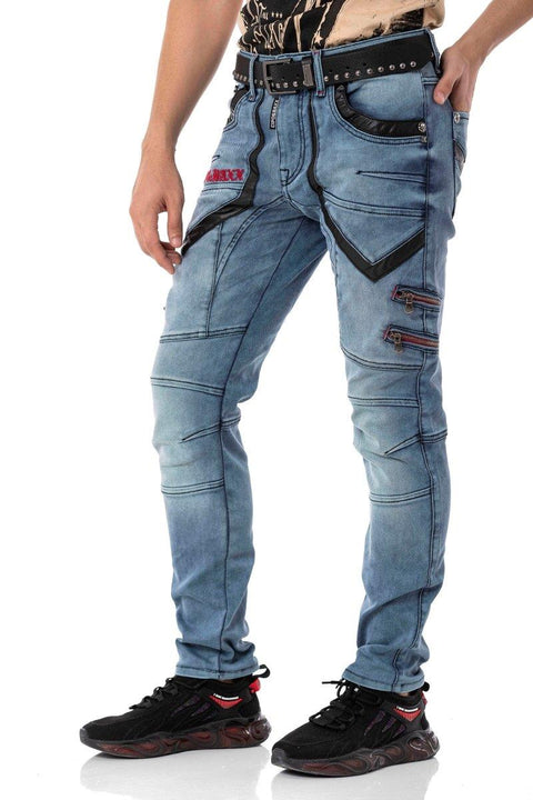 CD795 Biker Style Leather Detailed Men's Jean Trousers