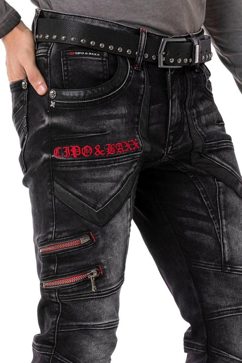 CD795 Biker Style Leather Detailed Men's Jean Trousers