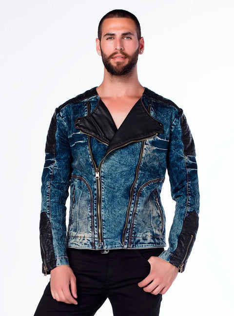CJ135 Dark Leather Detailed Biker Style Men's Denim Jacket