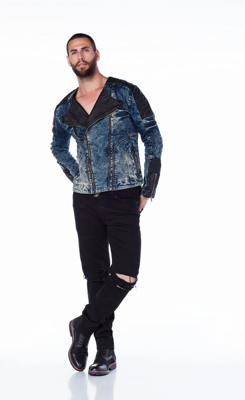 CJ135 Dark Leather Detailed Biker Style Men's Denim Jacket