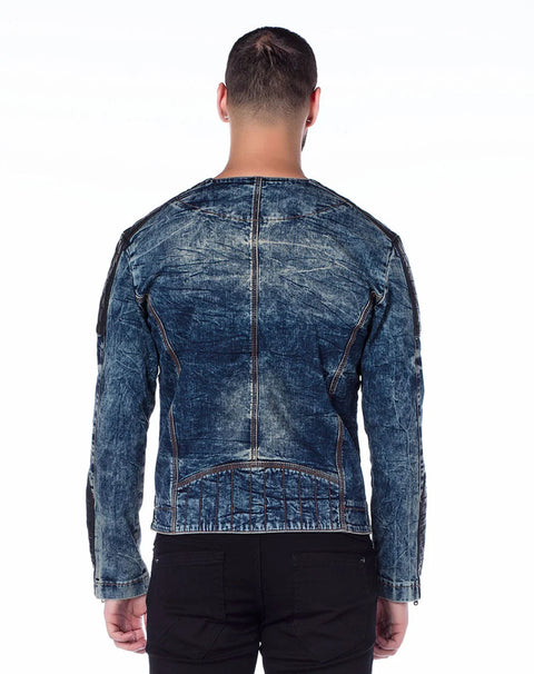 CJ135 Dark Leather Detailed Biker Style Men's Denim Jacket