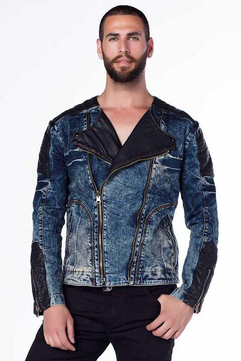 CJ135 Dark Leather Detailed Biker Style Men's Denim Jacket