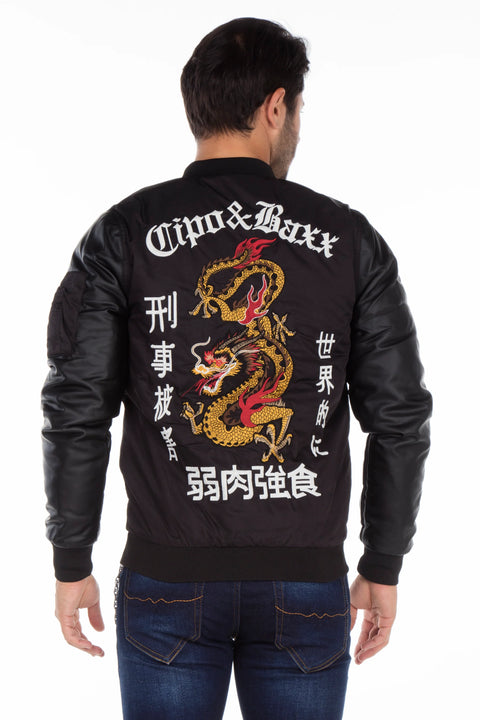 CJ175 Dragon Motif Leather Sleeve Men's Coat