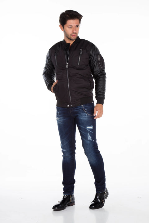 CJ175 Dragon Motif Leather Sleeve Men's Coat