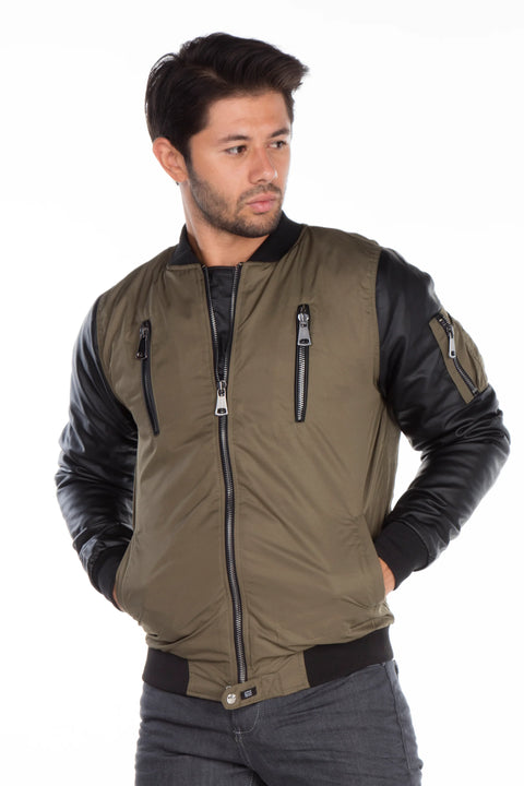 CJ175 Dragon Motif Leather Sleeve Men's Coat