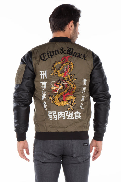 CJ175 Dragon Motif Leather Sleeve Men's Coat