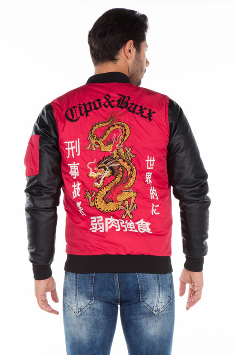CJ175 Dragon Motif Leather Sleeve Men's Coat