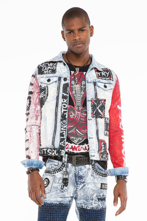 CJ241 Handwriting Painting Zipper Denim Men's Jean Jacket