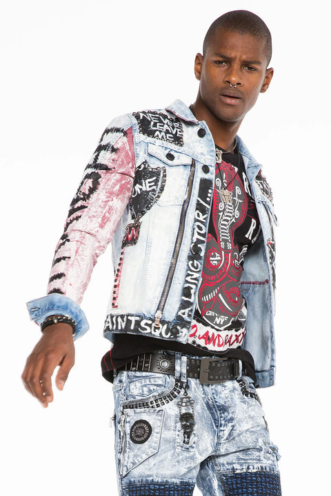 CJ241 Handwriting Painting Zipper Denim Men's Jean Jacket