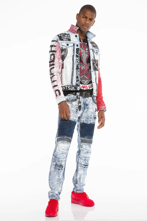 CJ241 Handwriting Painting Zipper Denim Men's Jean Jacket