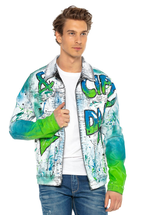 CJ254 Neon Graffiti Painting Men's Denim Jacket