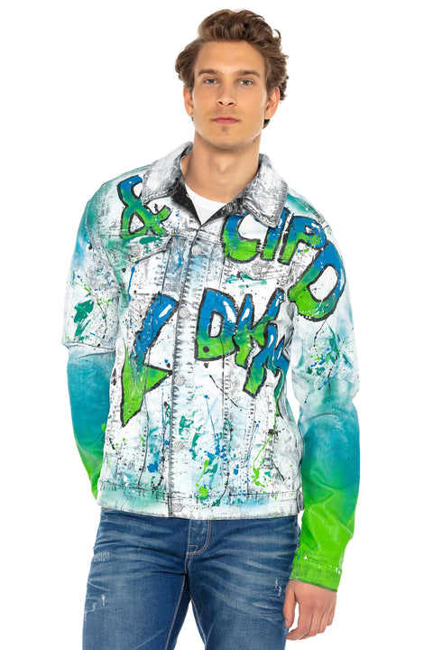 CJ254 Neon Graffiti Painting Men's Denim Jacket