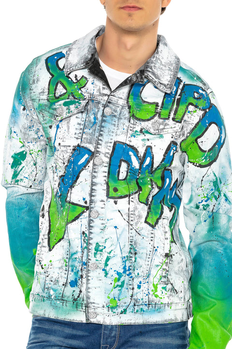 CJ254 Neon Graffiti Painting Men's Denim Jacket