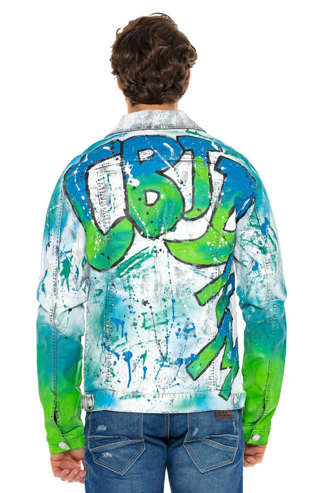 CJ254 Neon Graffiti Painting Men's Denim Jacket