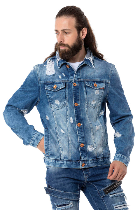 CJ291 Destroyed Ripped Denim Jacket